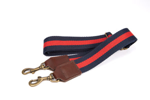 Navy and Red Stripe Strap with Leather and Brass Trim