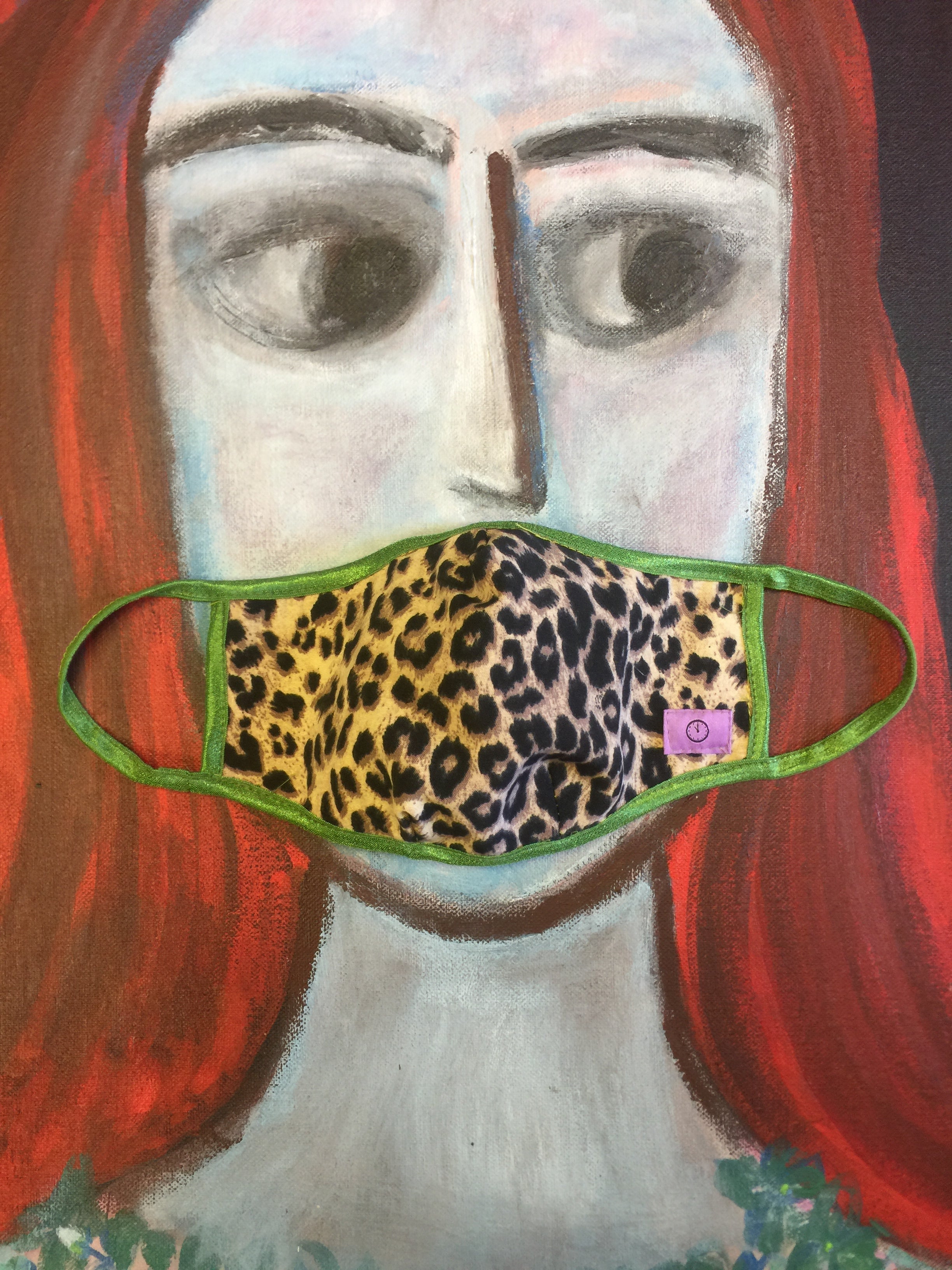 Green Piping, Leopard Stretch mask, Child size