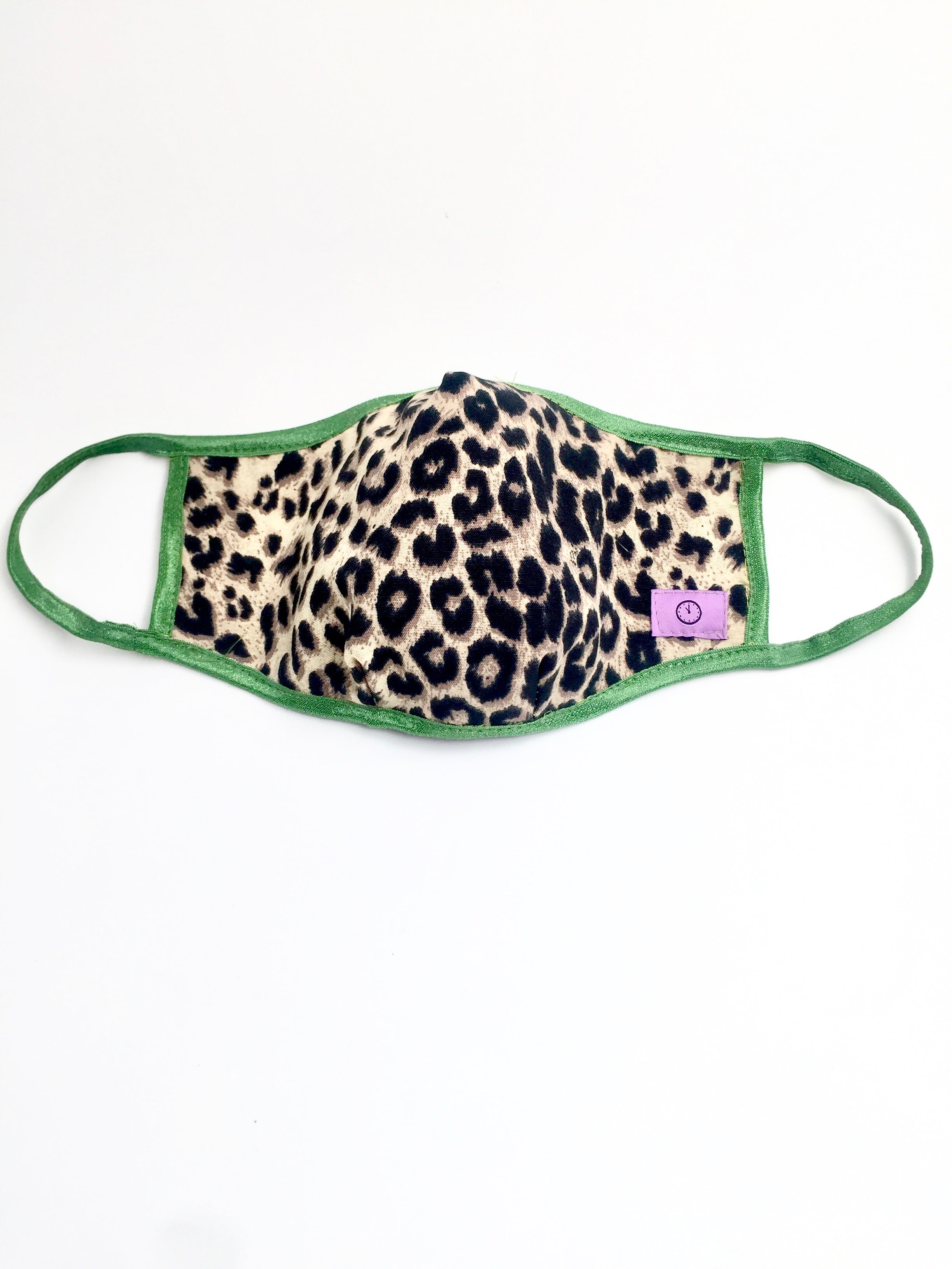 Cozy Child Leopard Stretch Mask with green piping