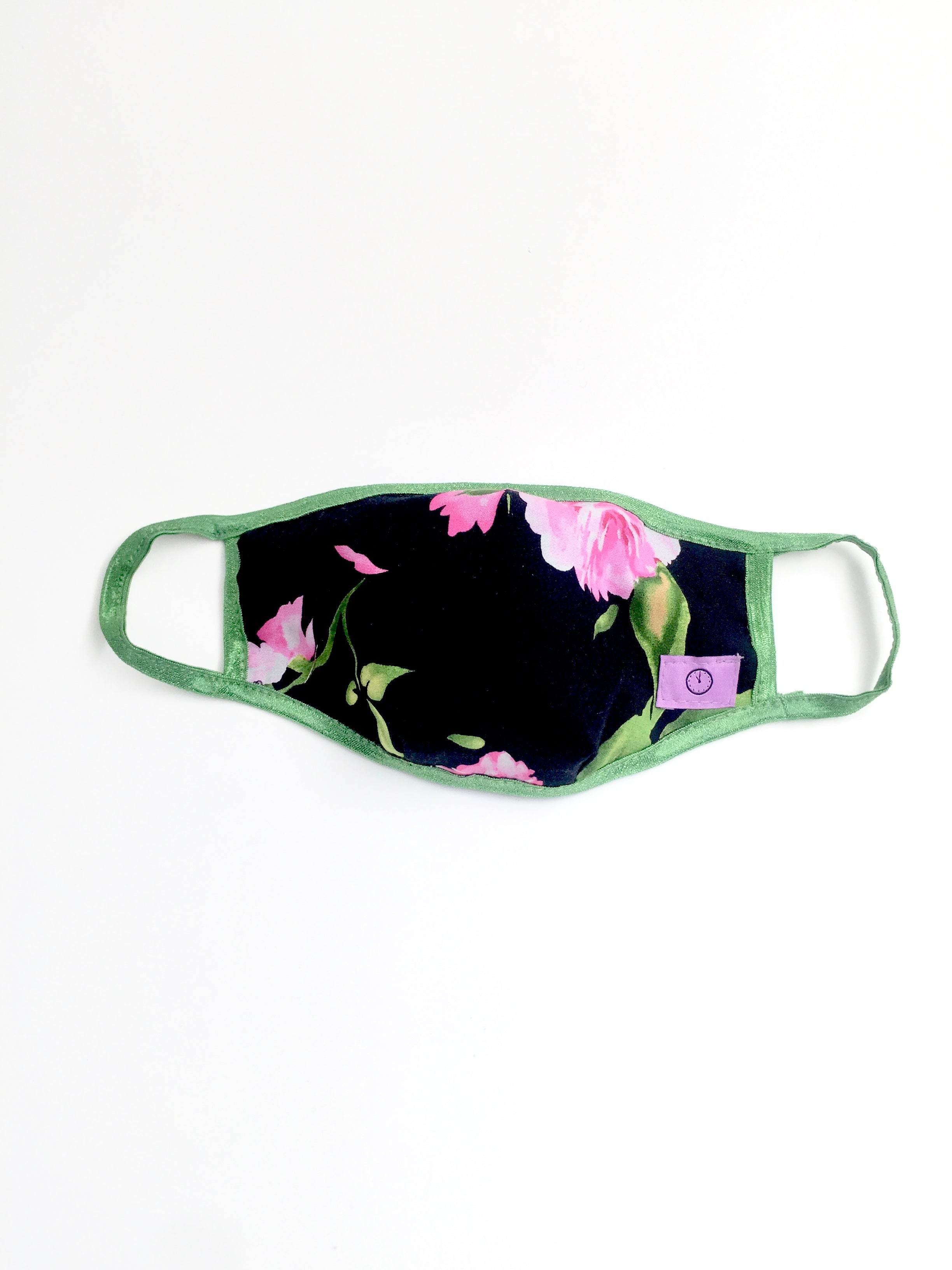 Child Mask - Black with pink florals and green piping