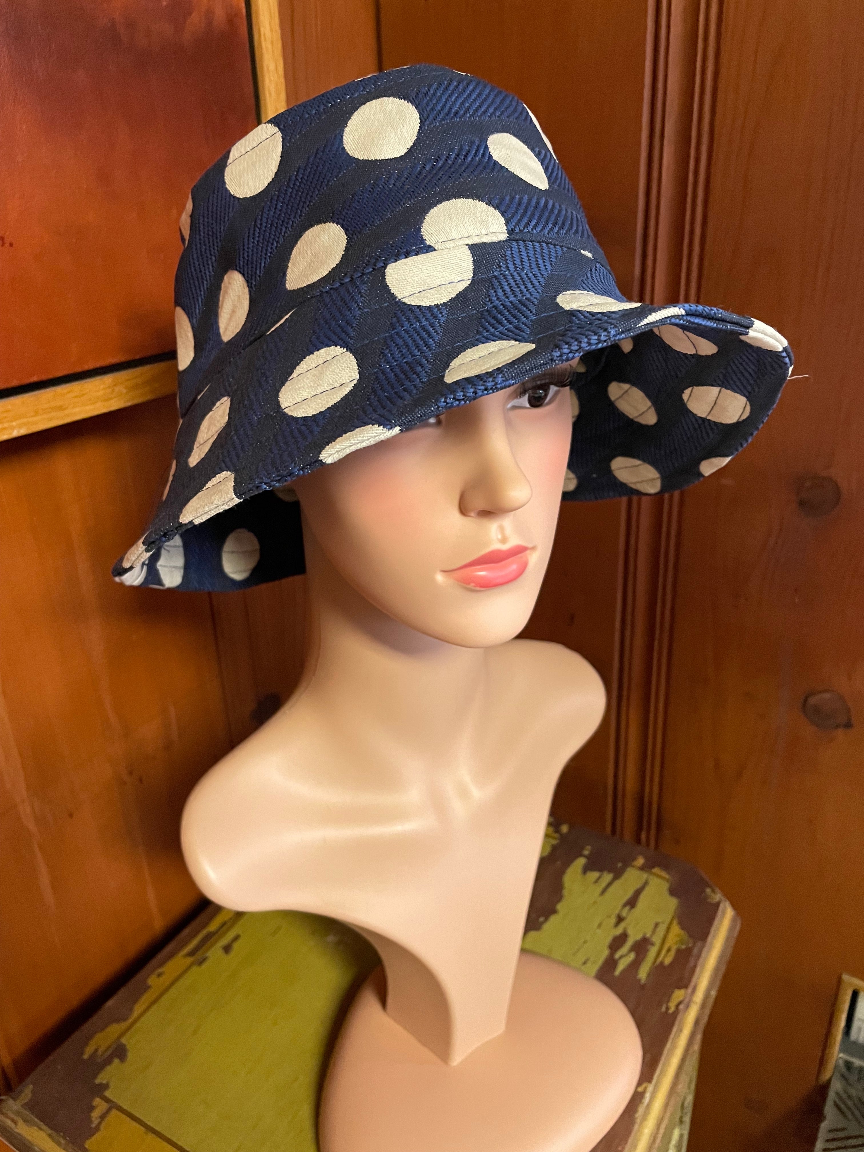 Bucket Hat                                             Navy and White Polka Dot Print
